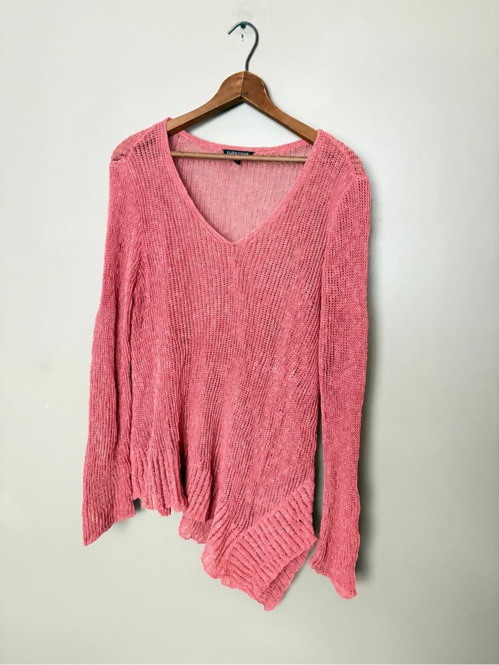 Eileen Fisher open knit linen blend sweater pink coral asymmetrical hem s M EUC